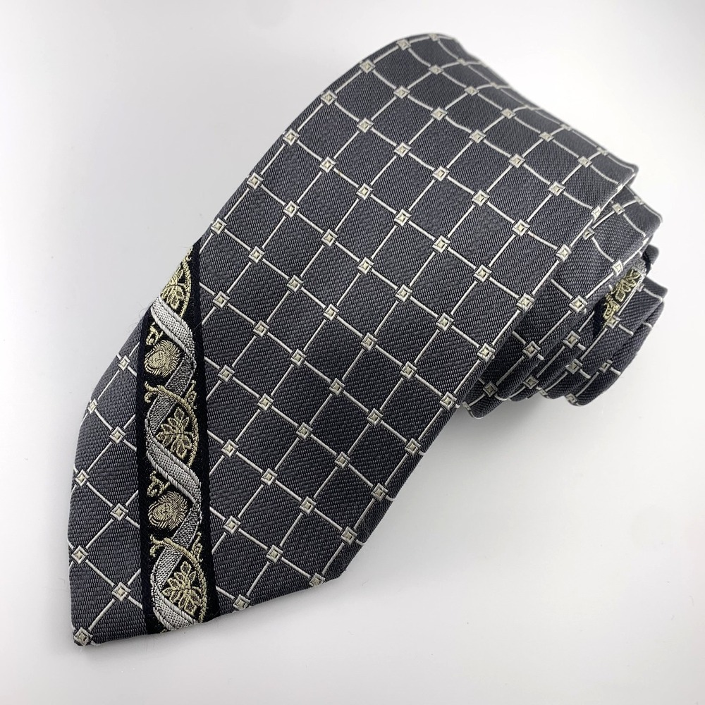 VTG G. Versace Mens Tie Medusa Logo Gray w Geometric Pattern Silk Made‎ in USA